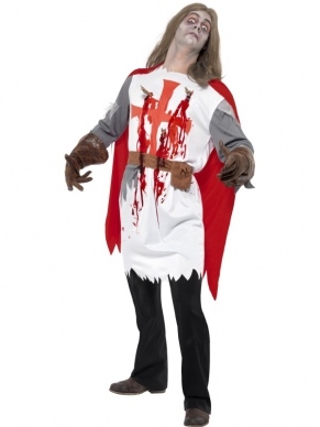 Zombie Ridder Halloween Verkleedkleding. Ridder Tuniek met Ridderpijlen en bloedvlekken met cape en riem. Halloween Schmink setjes en accessoires verkopen we los. 