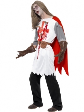 Zombie Ridder Halloween Verkleedkleding. Ridder Tuniek met Ridderpijlen en bloedvlekken met cape en riem. Halloween Schmink setjes en accessoires verkopen we los. 