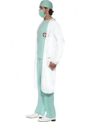 Dokter Kostuum met broek, haarnet, monddoekje, leeg naambordje en witte jas.