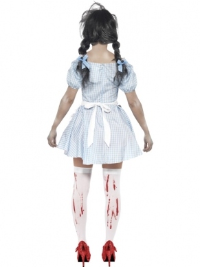 Horror Zombie Countrygirl Kostuum, bestaande uit de Jurk met Latex open Borst stuk met bloedvlekken en Schortje. De Halloween Accessoires en kousen verkopen we los.