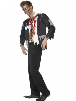 Kantoor Ambtenaar Zombie Halloween Verkleedkleding. Inbegrepen is het Zombie jasje met shirt eraan vast, stropdas en naamplaatje. Met bloedvlekken en gescheurde mouwen. Gebruike 1 van onze vele Halloween Schmink setjes voor een nog griezeliger effect. 