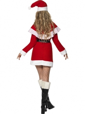 Miss Santa Fleece Kostuum - compleet Kerstvrouw kostuum, inclusief kerstvrouw jurk, cape, zwarte riem en kerstmuts.