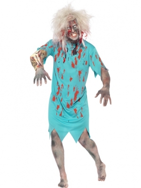 Zombie Patient Horror Kostuum. Inbegrepen is het blauwe patienten tenue met bloedvlekken en mouw met opengesneden arm. 