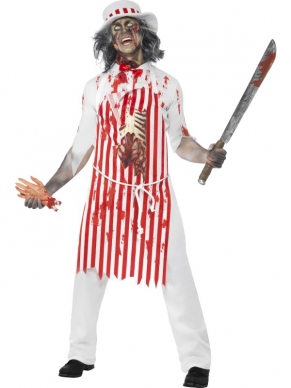 Bloederige Slager Halloween Horror Kostuums. Inbegrepen is het complete bloederige kostuum met broek, shirt, schort met open stukken en nepbloed en hoed. De horror halloween accessoires verkopen we los. 