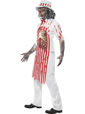 Bloederige Slager Halloween Horror Kostuums. Inbegrepen is het complete bloederige kostuum met broek, shirt, schort met open stukken en nepbloed en hoed. De horror halloween accessoires verkopen we los. 