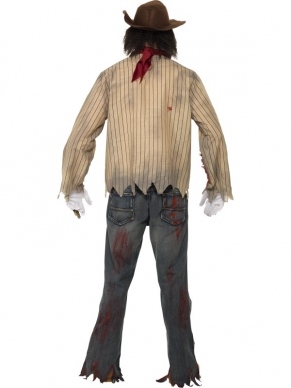 Zombie Cowboy Horror Halloween Kostuum. Inbegrepen is het shirt, de sjaal, de cowboyhoed met haar, het enge Halloween masker en de handschoenen. Draag op een spijkerbroek, gebruik wat nepbloed en je outfit is compleet. 