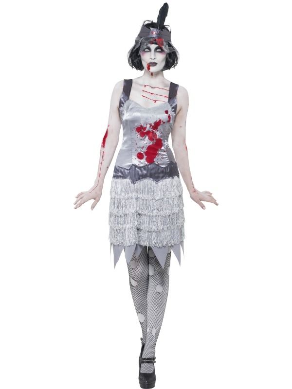 Zombie Flapper Charlston Horror Kostuum. Inbegrepen is de zombie charlston flapper jurk met bloedvlekken en de haarband met veer. Maak de look snel en makkelijk af met een van onze make-up of schmink setjes