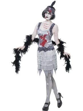 Zombie Flapper Charlston Horror Kostuum. Inbegrepen is de zombie charlston flapper jurk met bloedvlekken en de haarband met veer. Maak de look snel en makkelijk af met een van onze make-up of schmink setjes
