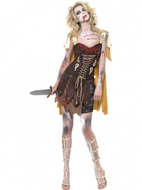 Fever Zombie Gladiator Dames Horror Kostuum. Inbegrepen is de gladiator jurk met bloedvlekken en cape. De accessoires verkopen we los. Gebruik een van onze make-up & schmink setjes om de griezelige look helemaal af te maken. 