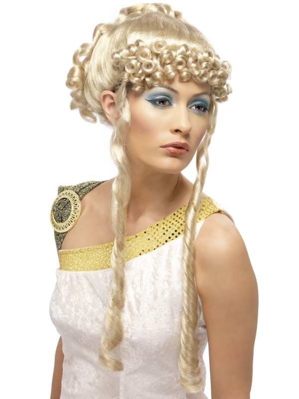 Griekse Godinnen Blonde Pruik. Mooi opstoken met krullen en pijpenkrullen. 