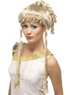 Griekse Godinnen Blonde Pruik. Mooi opstoken met krullen en pijpenkrullen. 