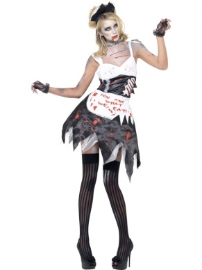 Fever Zombie Frans Dienstmeisje Horror Kostuum. Inbegrepen is de jurk met open latex stuk, het kraagje, het haarstukje en het schortje met: You are what we eat! Maak het kostuum af met onze halloween horror accessoires. 