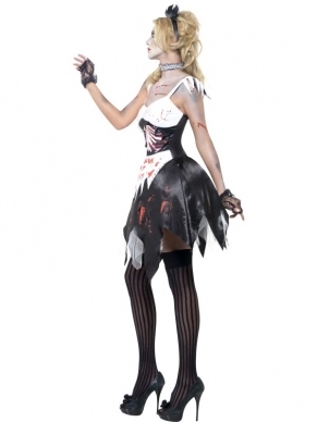Fever Zombie Frans Dienstmeisje Horror Kostuum. Inbegrepen is de jurk met open latex stuk, het kraagje, het haarstukje en het schortje met: You are what we eat! Maak het kostuum af met onze halloween horror accessoires. 