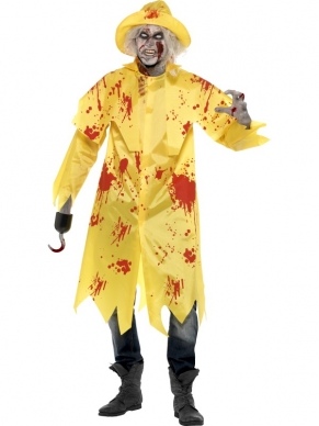 Zombie Zuidwester Heren Halloween Kostuum. Inbegrepen is de lange gele regenjas met bloedvlekken en de muts. De halloween horror accessoires verkopen we los. 