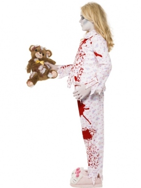 Zombie Pyjama Girl Meisjes Halloween Kostuum. Inbegrepen is het bebloedde pyjama shirt en de pyjama broek. Het schmink setje en extra nepbloed verkopen we los met tot wel 50% korting op accessoires. 