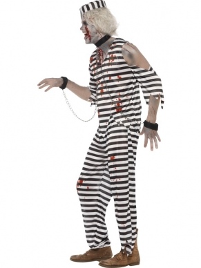 Zombie Gevangenen Boef Heren Verkleedkostuum. Inbegrepen is de gestreepte broek met shirt met bloedvlekken, petje en halsband met armketens. 
