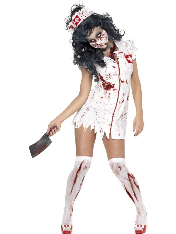 Zombie Zuster Horror Halloween Verkleedkleding, bestaande uit het jurkje, het hoedje en het mondkapje besmeurd met bloedvlekken. De kousen verkopen we los. Bekijk onze Halloween Accessoires en Schmink Setjes om uw look compleet te maken. 