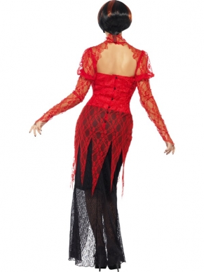 Kanten Vampieren Halloween Verkleedkostuum. Inbegrepen is de mooie rood zwarte kanten jurk. De halloween pruik en vampierentanden verkopen wij los.