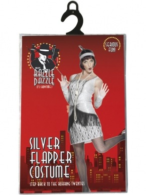 Zilveren Flapper Dress 1920's Verkleedkleding. Mooie zilveren flapper dress met pailetten en mooie details. De haarband en de hanschoenen zijn ook inbegrepen. U bent in 1 keer klaar.