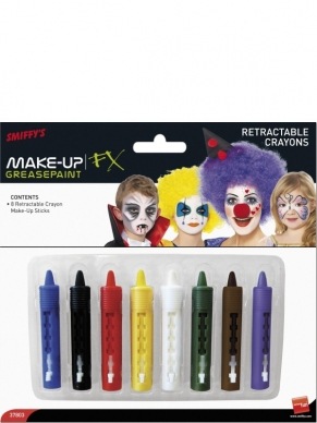 Make-Up FX Uitschuifbare Schmink Krijtjes in de volgende 8 kleuren: blauw, zwart, rood, geel, wit, groen, bruin en paars.
