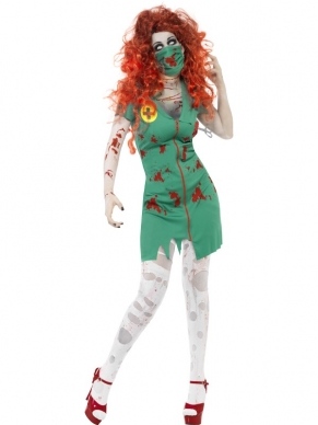 Zombie Zuster Ok Assistente Halloween Verkleedkleding, bestaande uit de jurk met bloedspatten en het mondkapje. De accessoires verkopen we los (sommige accessoires met korting tot wel 50%)