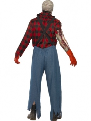 Hillbilly Zombie Heren Halloween Kostuum. Inbegrepen is de Jumpsuit met open borstkas zodat je het skelet en organen ziet (latex stuk), het masker met baard , de handschoenen en latex mouw met botten en spieren. Compleet horror halloween kostuum. 