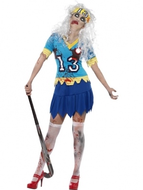 High School Horror Zombie Hockey Kostuum. Inbegrepen is het topje, de rok en de haarband allemaal met bloedspatten. De Halloween Accessoires verkopen we los met kortingen tot wel 50%