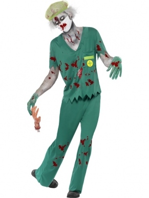 Zombie Paramedic Arts Heren Halloween Kostuum. Inbegrepen is operatie shirt, de broek, het masker, haarnetje en handschoenen alles met bloespatten. Combineer met onze Zombie Accessoires en Schmink Setjes om de look compleet te maken. 