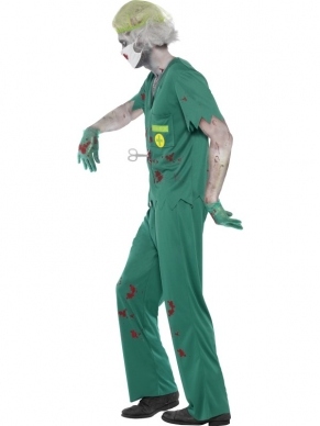 Zombie Paramedic Arts Heren Halloween Kostuum. Inbegrepen is operatie shirt, de broek, het masker, haarnetje en handschoenen alles met bloespatten. Combineer met onze Zombie Accessoires en Schmink Setjes om de look compleet te maken. 