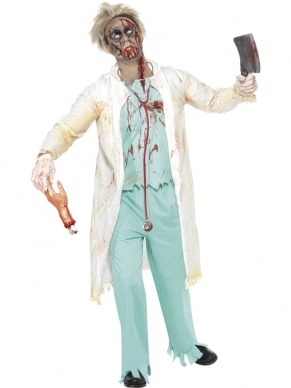 Zombie Dokter Heren Halloween Kostuum. Inbegrepen is het shirt met de witte doktersjas (die zit eraan vast), de broek en handschoenen. Allemaal met bloedspatten maar we verkopen ook nepbloed voor een extra bloederig effect. De accessoires verkopen we los met wel kortingen tot 50% 