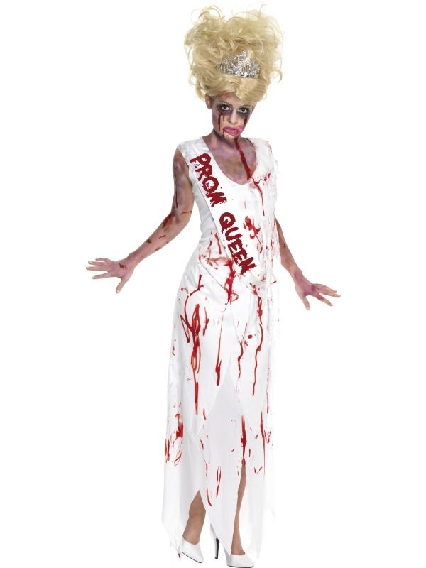 High School Horror Zombie Prom Queen Kostuum. Inbegrepen is de lange witte prom queen jurk met bloedvlekken en de sjerp (zit aan de jurk vast). De accessoires en schmink setjes worden nu aangeboden met kortingen tot wel 50%. 
