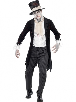 Zombie Bruidegom Halloween Heren Kostuum. Inbegrepen is het jasje met gillet, het sjaaltje, de broek en de hoge hoed (met bloedspatten op het hele kostuum). De accessoires verkopen we los met hoge kortingen tot wel 50%.