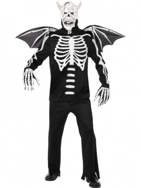 Gothic Manor Demon Heren Halloween Kostuum. Inbegrepen is het shirt, de vleugels, de broek, de handschoenen, de hoody en het masker. Compleet Horror Halloween Kostuum. 