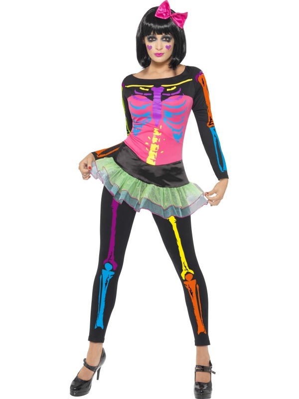 Neon Skeletten Dames Halloween Kostuum, bestaande uit het shirt met de tutu rok en de legging met neon skelettenprint. 