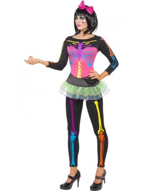 Neon Skeletten Dames Halloween Kostuum, bestaande uit het shirt met de tutu rok en de legging met neon skelettenprint. 