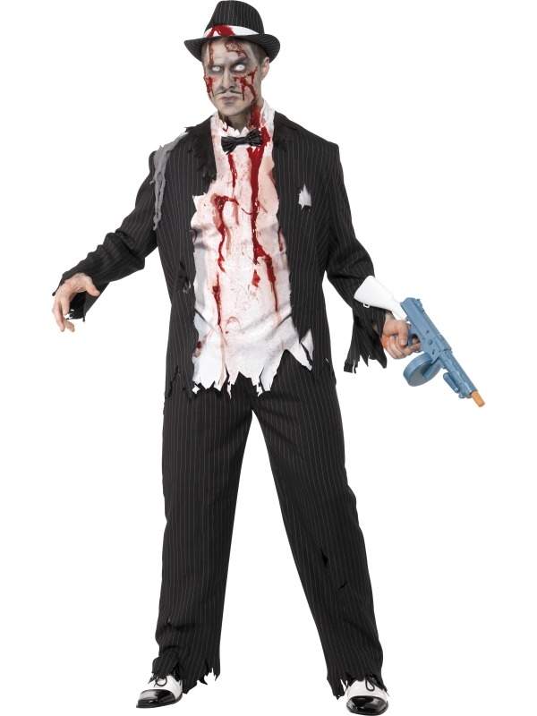 Zombie Gangster Horror Halloween Kostuum. Compleet horror kostuum met jasje, broek, shirt met latex stukken (vol met bloed) en vlinderstrik  Met schmink en extra nepbloed maakt u dit kostuum helemaal af. 