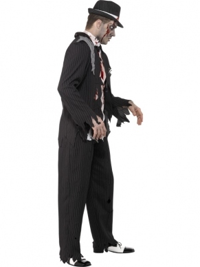 Zombie Gangster Horror Halloween Kostuum. Compleet horror kostuum met jasje, broek, shirt met latex stukken (vol met bloed) en vlinderstrik  Met schmink en extra nepbloed maakt u dit kostuum helemaal af. 