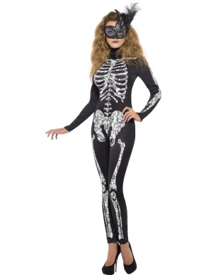 Fever Zwarte Catsuit Met Skeletten Print. Mooie strakke catsuit. Het Masker verkopen we los. 