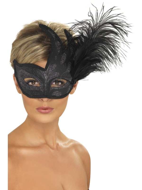 Ornate Colombina Oogmasker - prachtig zwart glitter oogmasker met zwarte veren.