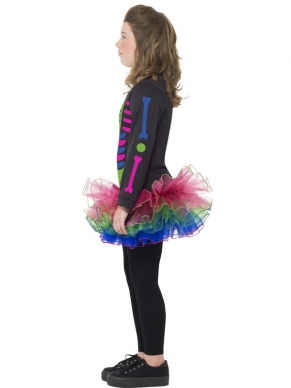 Neon Skeleton Meisjes Halloween Verkleedkostuum. Inbegrepen is de Jurk met Tutu rok en neon skeletten print. Met een zwarte legging is het kostuum helemaal af.