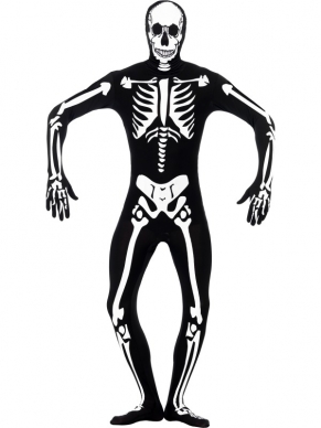 Skeleton Glow in the Dark Morphsuit Halloween Kostuum. Originele morphsuit in het zwart met Skeletten Print. De print geeft licht in het donker wat een heel cool effect geeft (alsof er een skelet aan het dansen is). De morphsuits zijn gemaakt van stretch lycra, waardoor het zich naadloos aanpast aan ieder figuur. Er zit een opening onder de kin en bij het kruis. Verkrijgbaar in verschillende maten. 