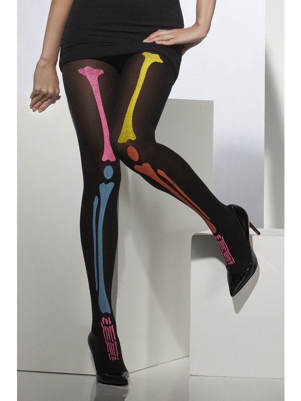 Zwarte Panty met Neon Skelet Print - mooie panty voor bij diverse Halloween verkleedkostuums. De panty is doorzichtig. Verkrijgbaar in 1 maat (one size fits most).