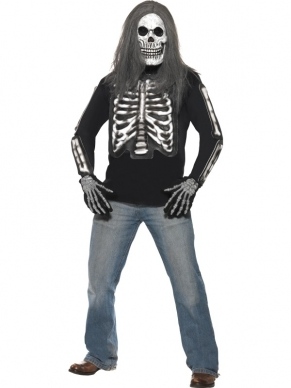 Zwart Halloween Shirt met Skeletten Print Met Lange Mouwen (ook een skelettenprint op de mouwen). We verkopen diverse Halloween Horror Maskers los en op sommige accessoires krijgt u hoge kortingen tot wel 50%