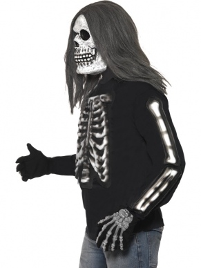 Zwart Halloween Shirt met Skeletten Print Met Lange Mouwen (ook een skelettenprint op de mouwen). We verkopen diverse Halloween Horror Maskers los en op sommige accessoires krijgt u hoge kortingen tot wel 50%