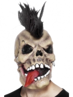 Punk Skull Rocker Skelettenkop Masker Met Haar En Piercings. Eng Horror Halloween Masker. We verkopen nog veel meer maskers voor Halloween en Horror Feesten