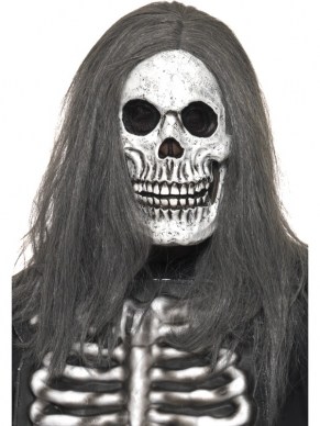 Sinister Skeleton Skeletten Horror Masker Met Haar. Dit Masker is van Latex foam en heeft gaten bij de ogen en neus.