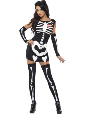 Fever Sexy Skeletten Halloween Jurkje Met Mouwen Met Skelettenprint. De skelettenprint geeft licht in het donker. De kousen verkopen we los. 