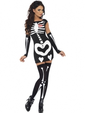 Fever Sexy Skeletten Halloween Jurkje Met Mouwen Met Skelettenprint. De skelettenprint geeft licht in het donker. De kousen verkopen we los. 