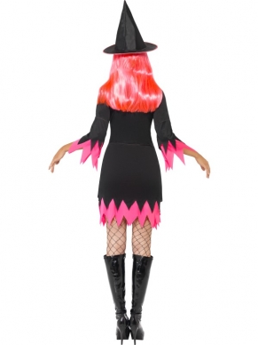 Zwart Roze Heksen Halloween Verkleedkleding, bestaande uit de heksenjurk, halsband en heksenhoed. Maak de look compleet met een leuke bijpassende pruik en je bent klaar voor jouw feestje.