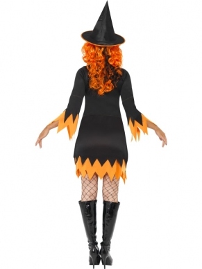 Zwart Oranje Heksen Halloween Verkleedkleding. Inbegrepen is de heksenjurk, de haslband en de heksenhoed. De pruik verkopen we los. 